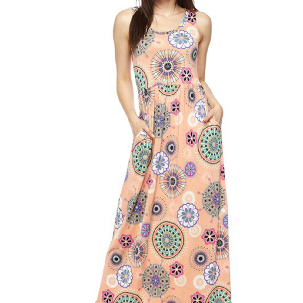 Sleeveless Peach Tribal Geo Maxi Dress